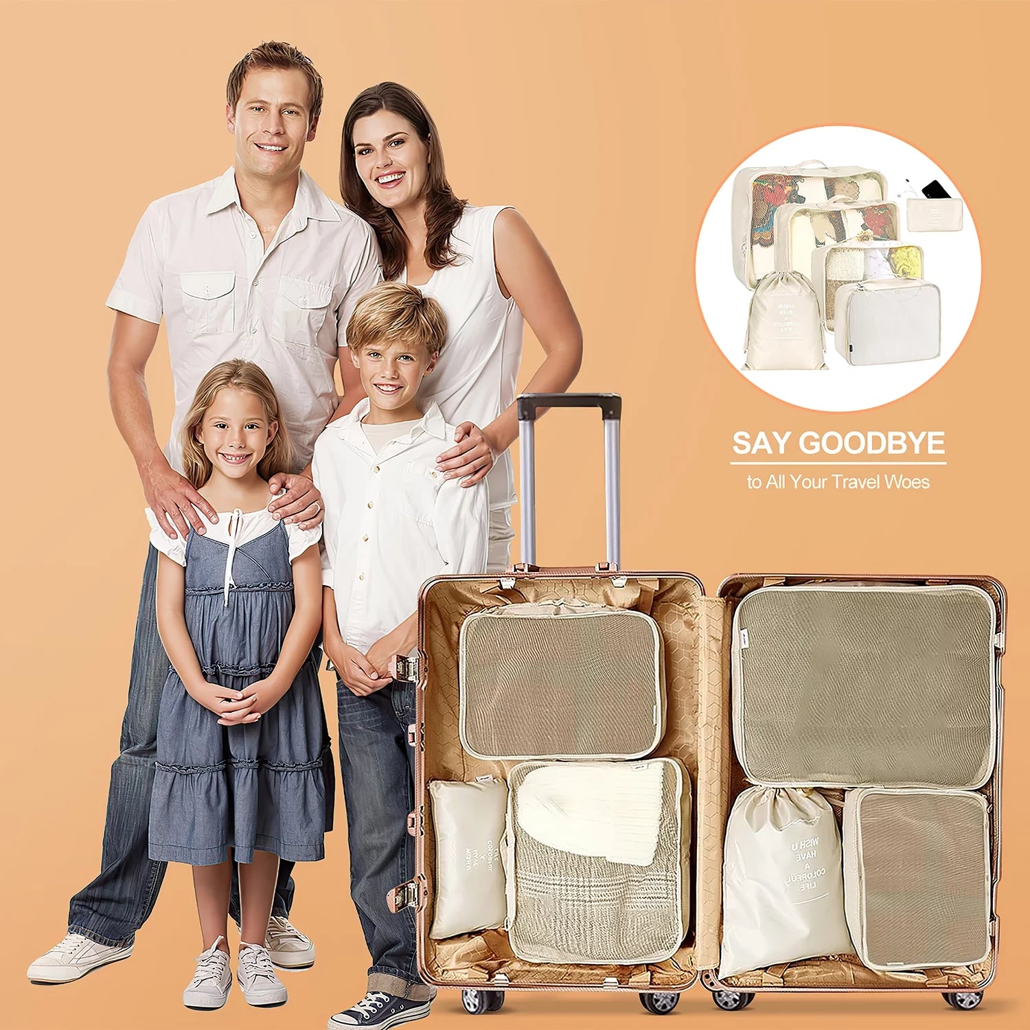 Ultimate Travel Packing Cubes Set - 9 Versatile Organizers with Large Toiletries Bag in Elegant Beige