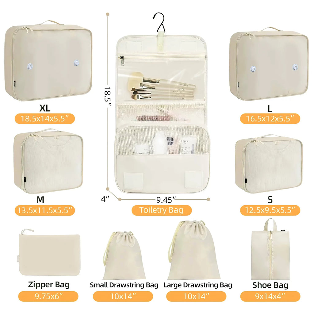 Ultimate Travel Packing Cubes Set - 9 Versatile Organizers with Large Toiletries Bag in Elegant Beige