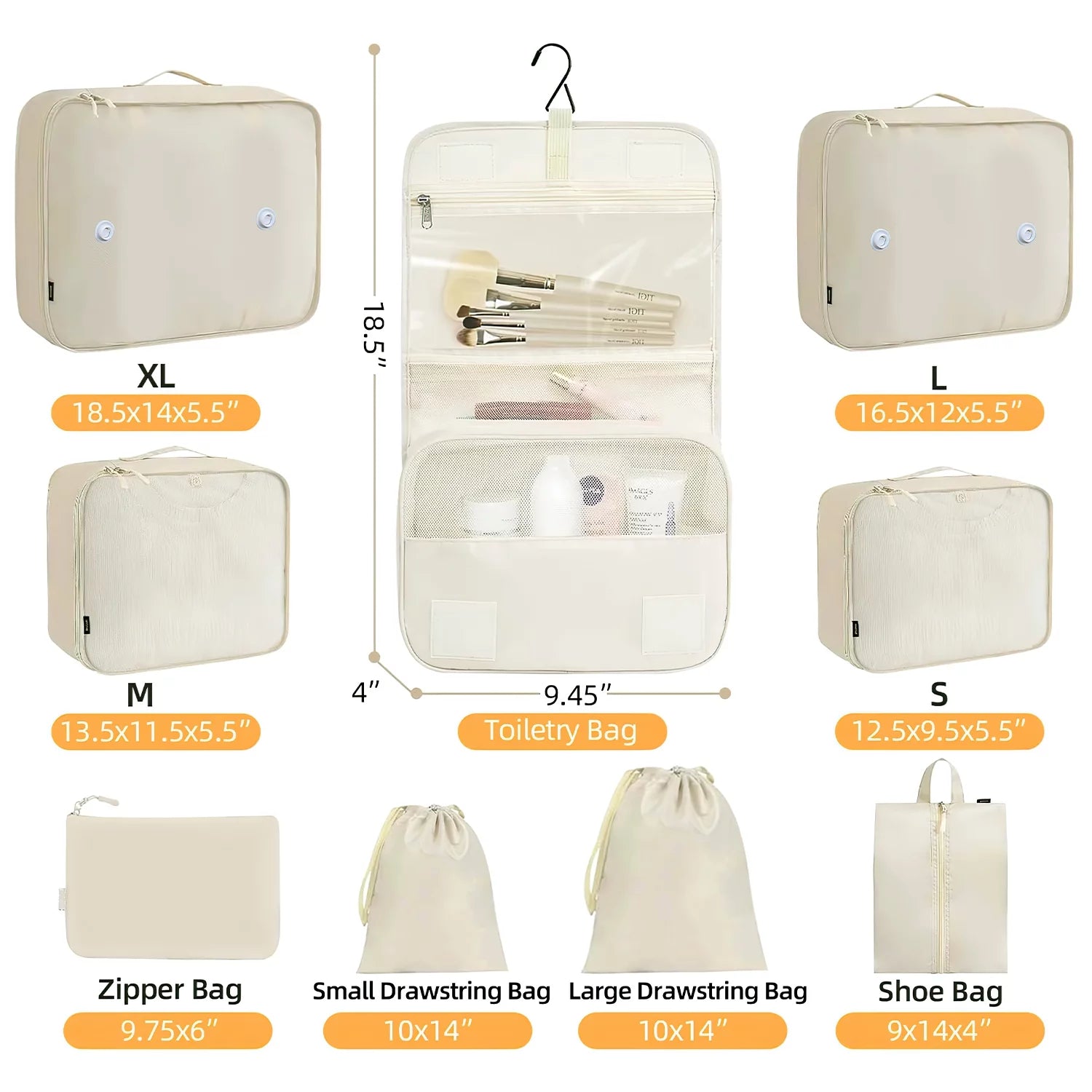 Ultimate Travel Packing Cubes Set - 9 Versatile Organizers with Large Toiletries Bag in Elegant Beige