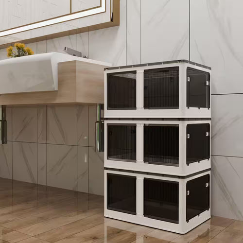 506 Qt. Stackable Storage Bins with 5-Doors and Wheels, 4-Pack in Black