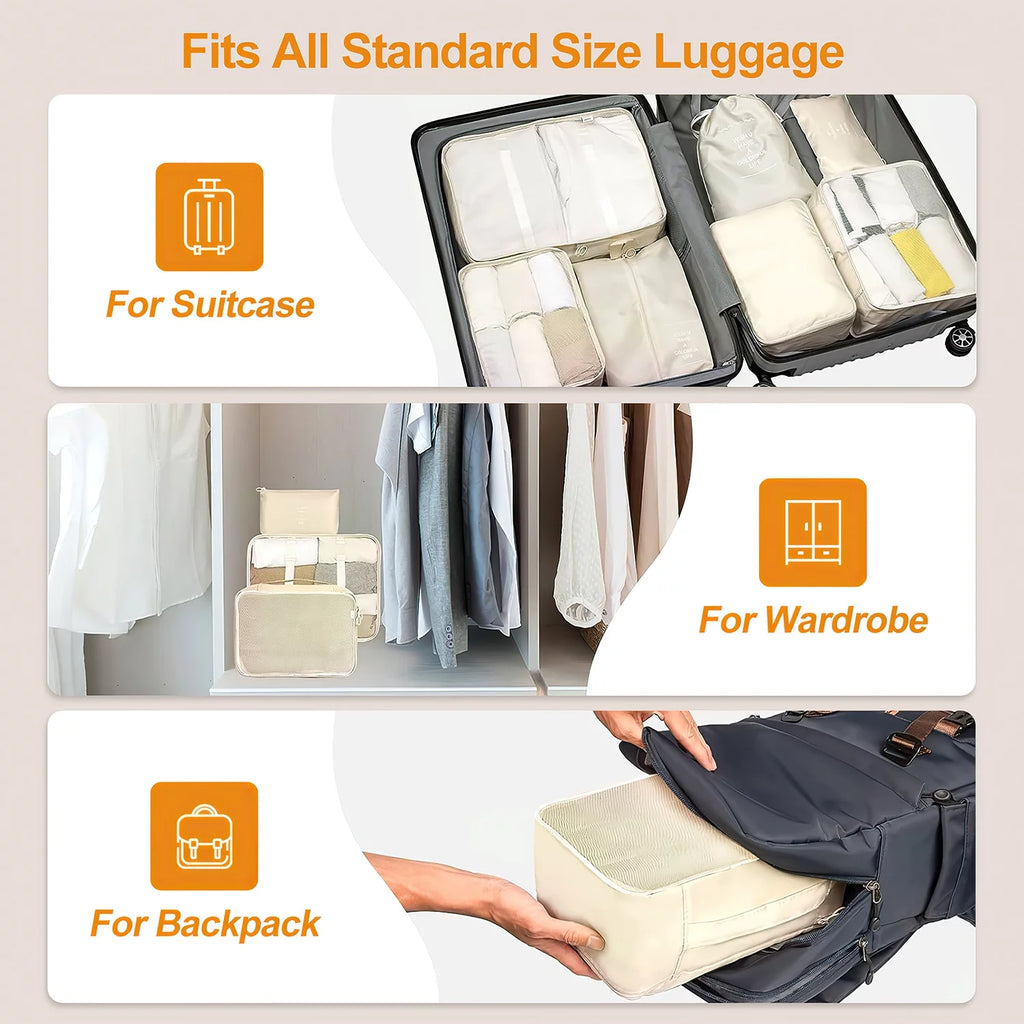 Ultimate Travel Packing Cubes Set - 9 Versatile Organizers with Large Toiletries Bag in Elegant Beige