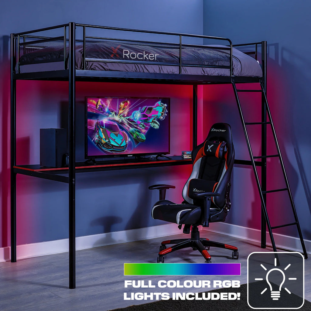HQ Twin Gaming Bunk Bed with Built-In Shelving and LED Lighting, Black