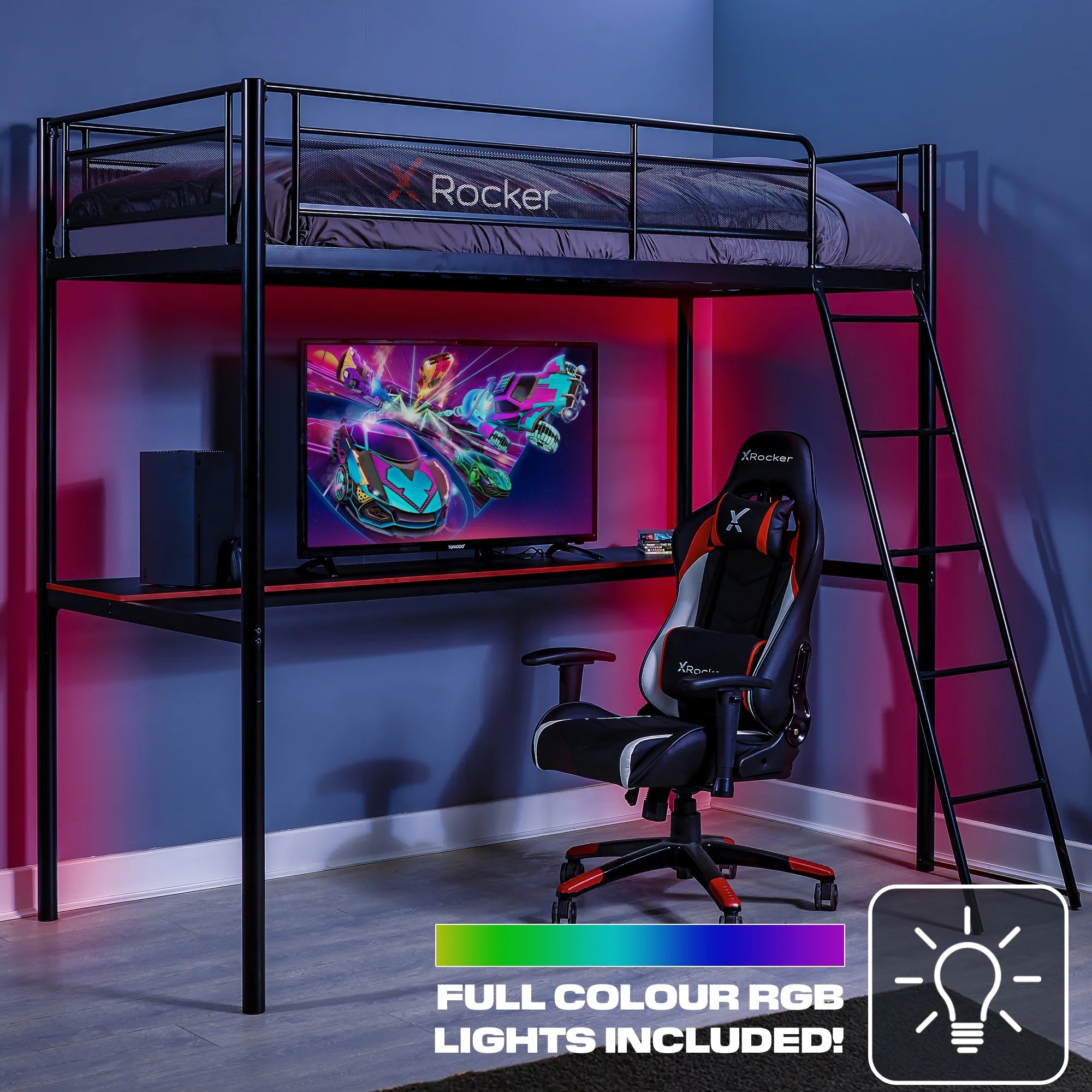 HQ Twin Gaming Bunk Bed with Built-In Shelving and LED Lighting, Black
