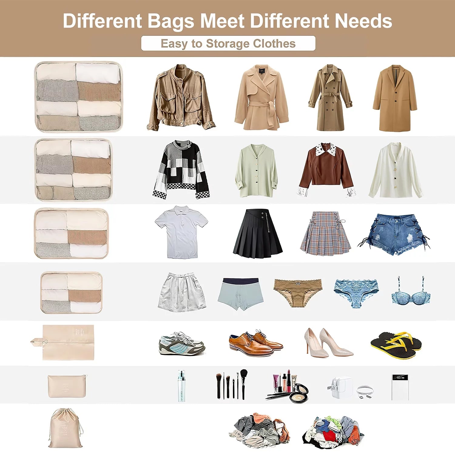 Ultimate Travel Packing Cubes Set - 9 Versatile Organizers with Large Toiletries Bag in Elegant Beige