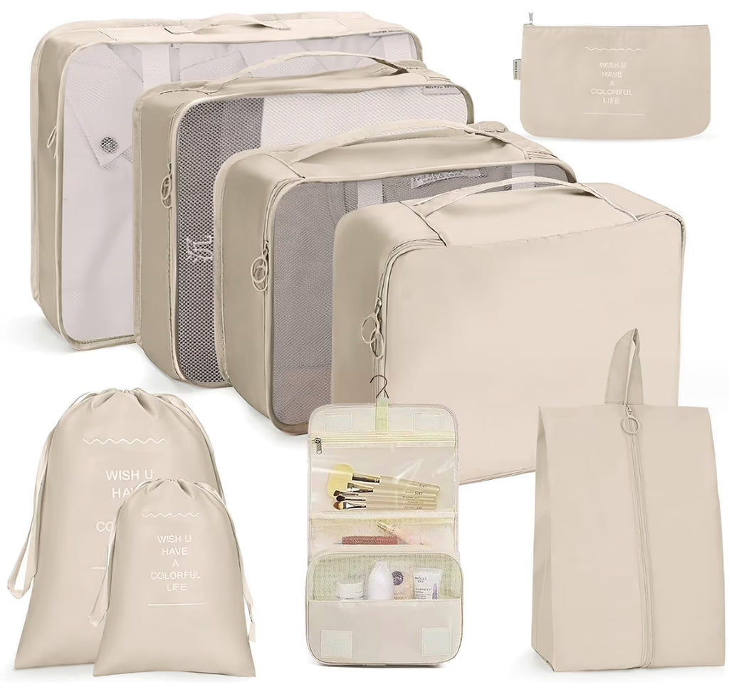 Ultimate Travel Packing Cubes Set - 9 Versatile Organizers with Large Toiletries Bag in Elegant Beige
