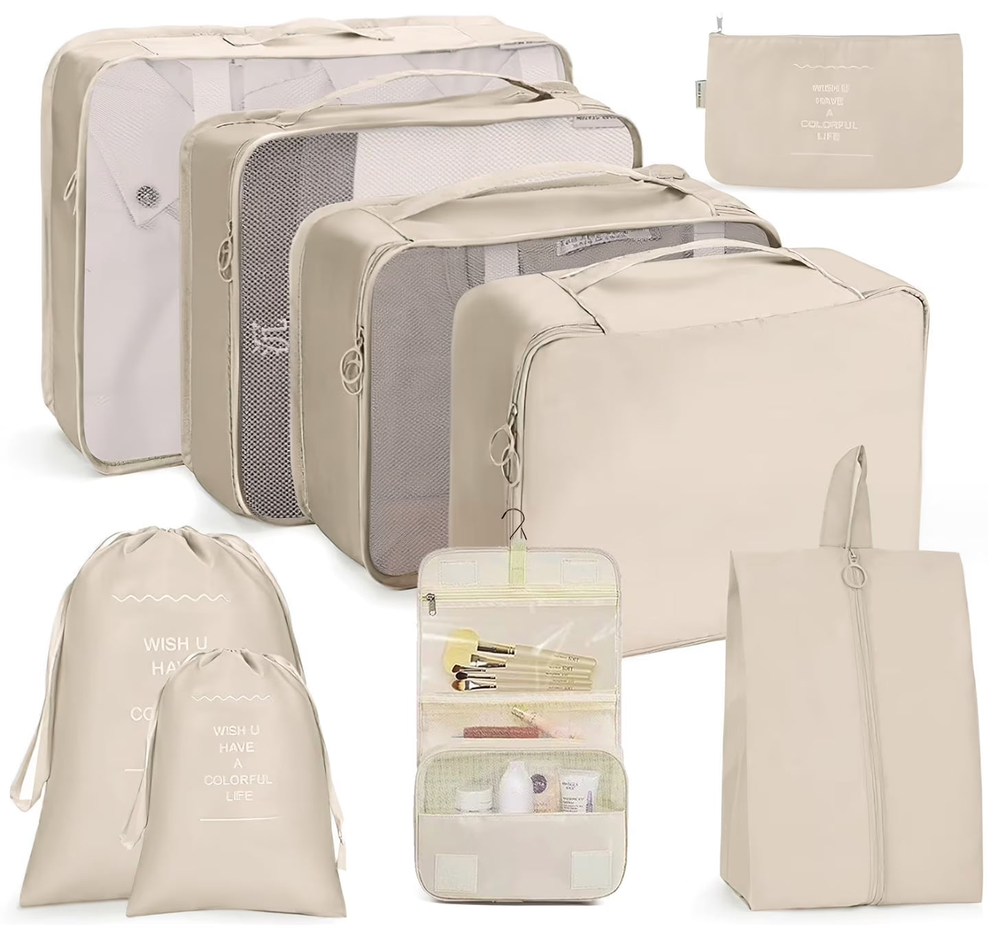 Ultimate Travel Packing Cubes Set - 9 Versatile Organizers with Large Toiletries Bag in Elegant Beige