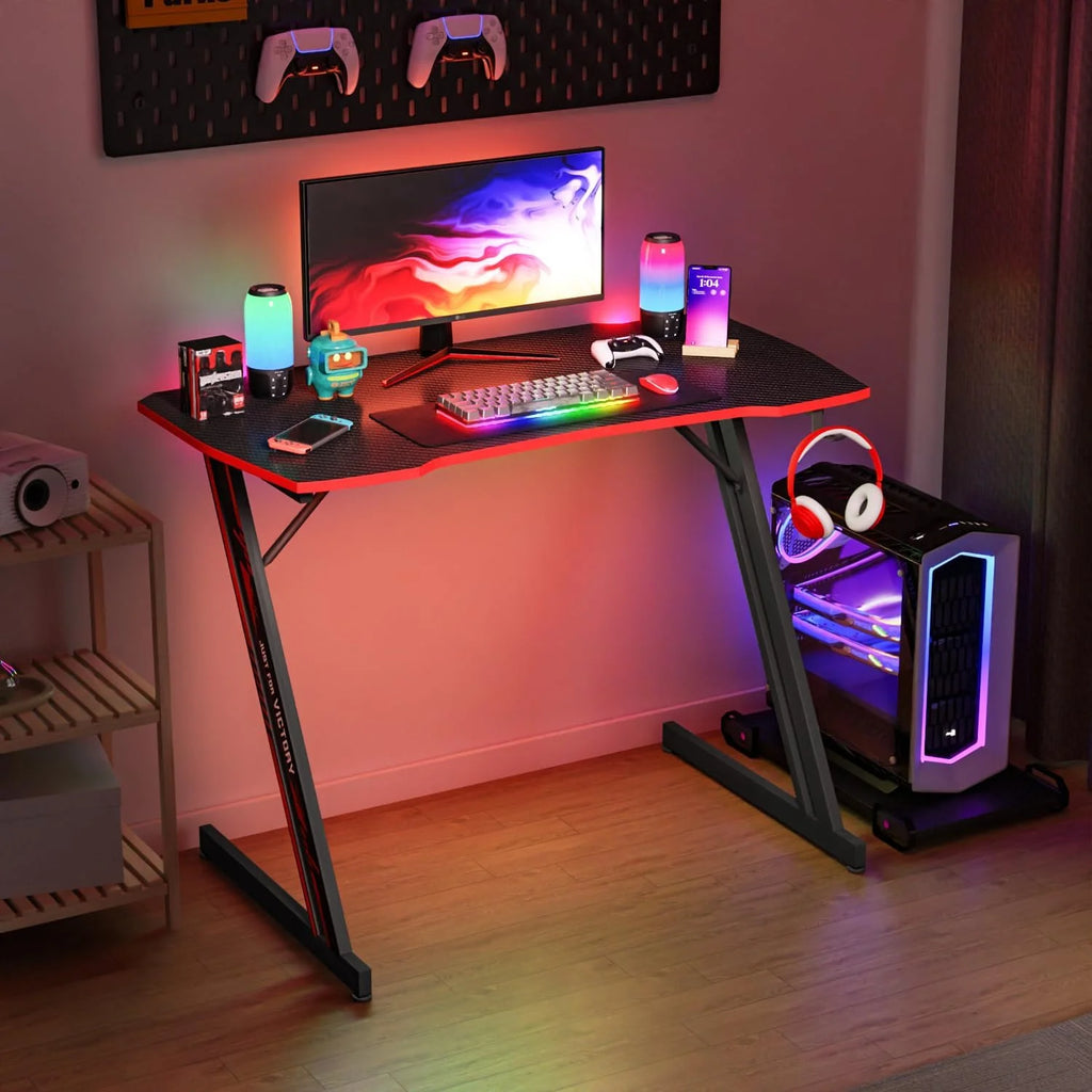 Elevate Your Gaming Experience with the 39-Inch Z-Shaped Gaming Desk Featuring Headphone Hook and Spacious Desktop in Red