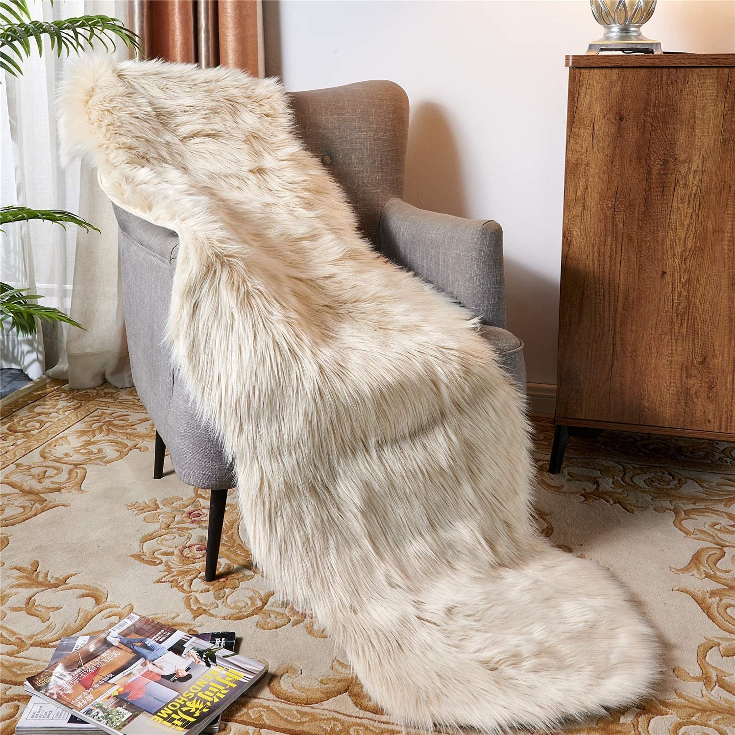 Indulge in Luxury with Our Ultra Soft Beige Faux Fur Shaggy Area Rug - Perfect for Your Living Room, Bedroom, or Nursery (2' x 6' Sheepskin)