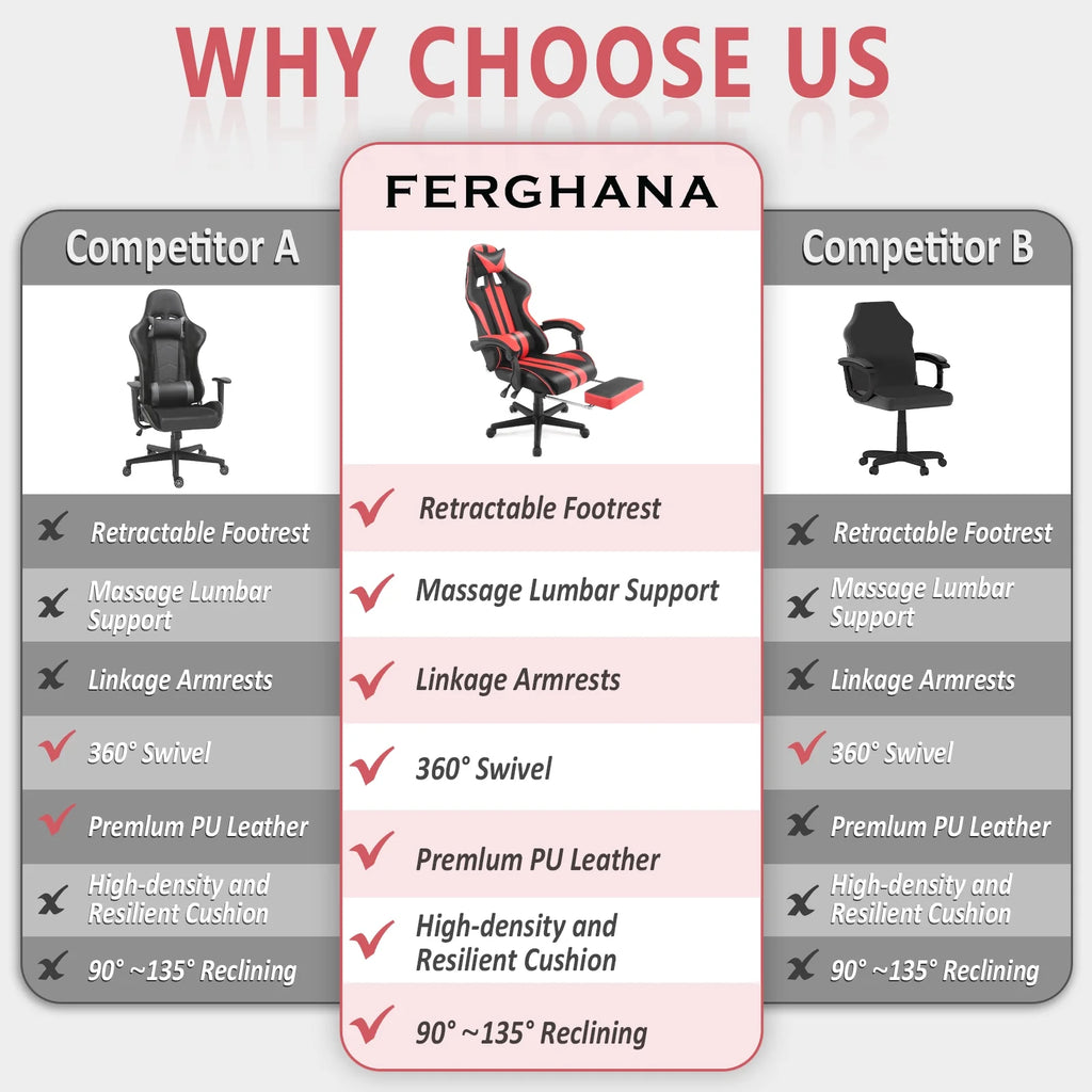Red Gaming Chair, Reclining Office Chair with Footrest & Massage Lumbar, Ergonomic Swivel Gamer Game Chair with Adjustable Headrest